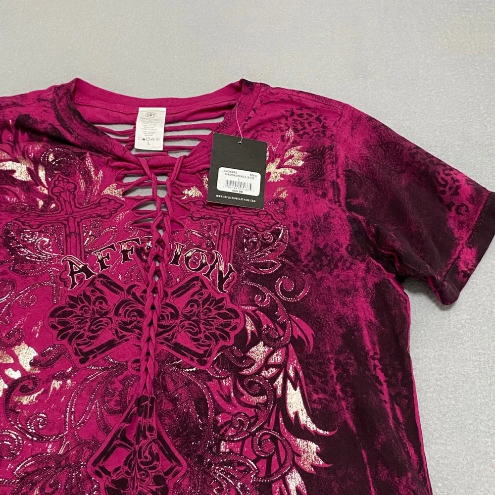 Affliction Diamondhead Lace Up Braided Back Tee Magenta Black Foil NWT Large